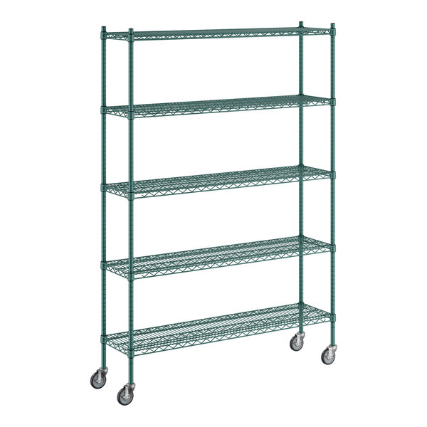 A green metal wire shelving unit with wheels.