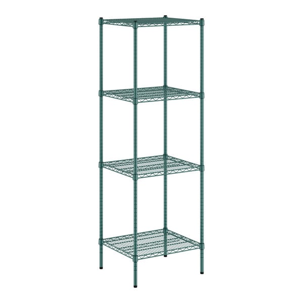 A green wire shelving unit with four shelves.