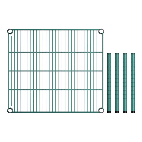 A green wire shelving kit with four green cylindrical posts.