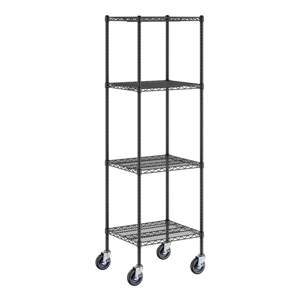 A black metal Regency wire shelving unit with wheels.