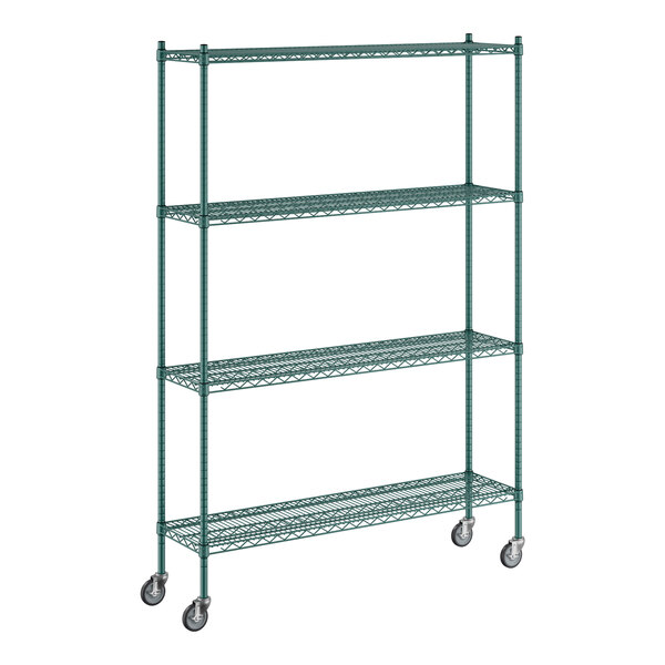 A Regency green wire shelving unit with casters.