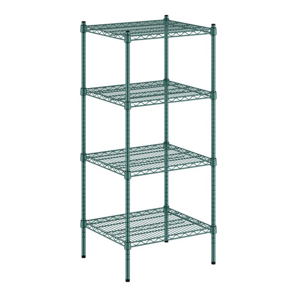 A Regency green wire shelving unit with four shelves.