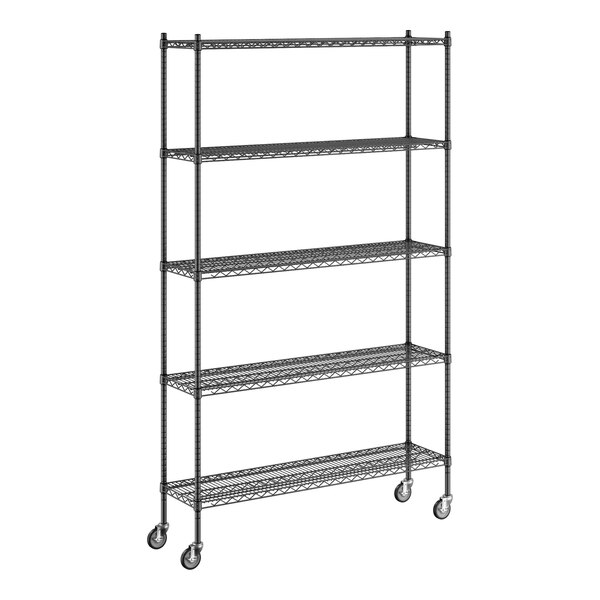 A black Regency wire shelving unit with wheels.