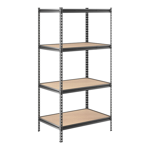 A black Lavex boltless shelving unit with brown particleboard shelves.