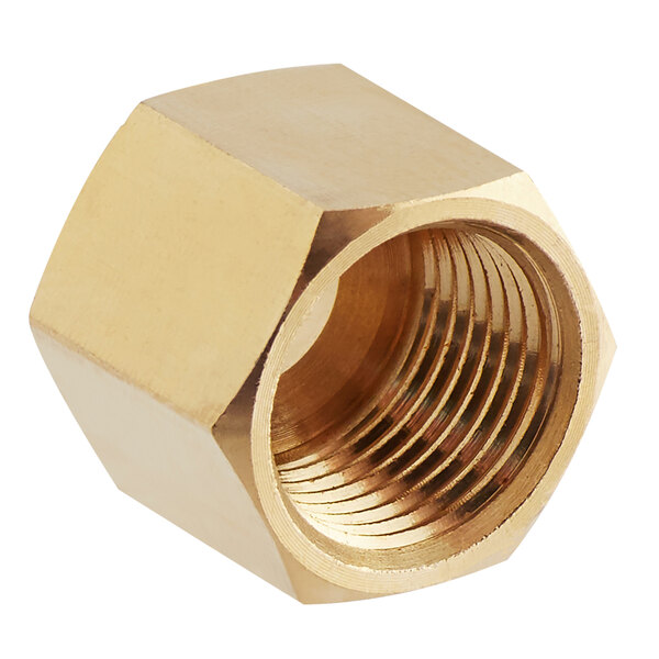 A brass Main Street Equipment fastening nut for ranges.