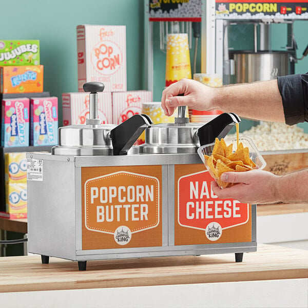 A man using the Carnival King Double Warmer to pour cheese sauce onto a bowl of chips.