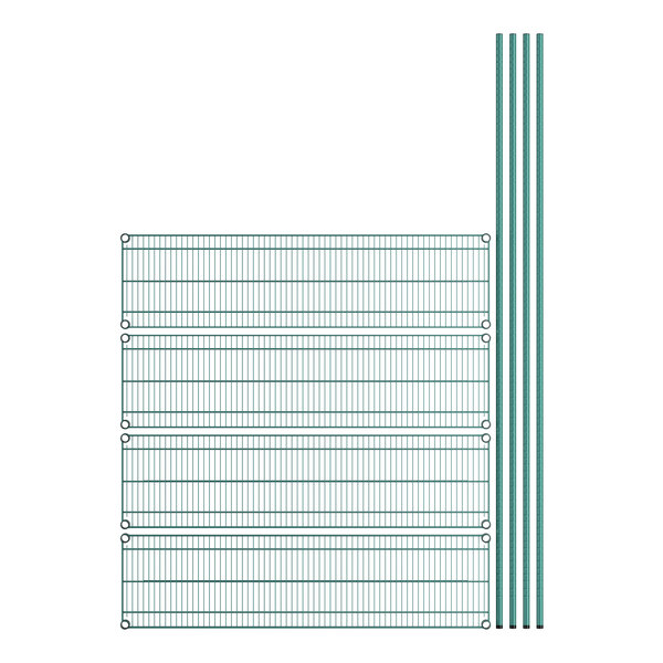 A drawing of a wire grid shelf with green poles.