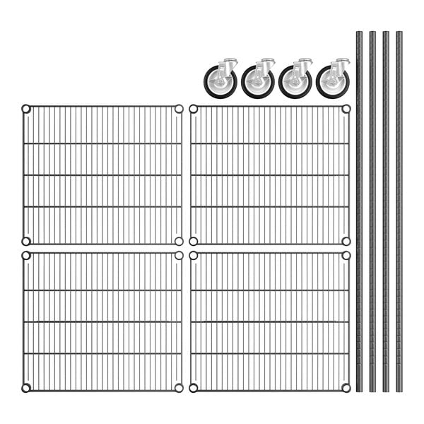 A black metal wire shelf kit with wheels and 4 shelves.