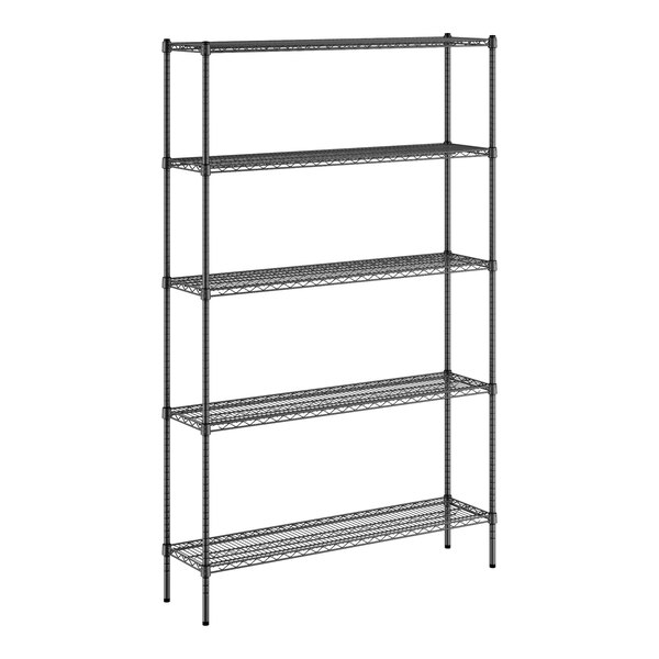 A black metal Regency wire shelving unit with five shelves.