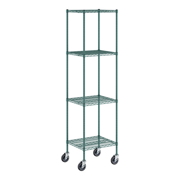 A green metal wire shelving unit with wheels.