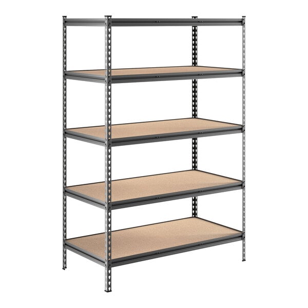 A Lavex black metal boltless shelving unit with brown particleboard shelves.