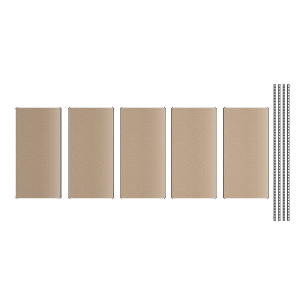 A row of black Lavex boltless shelving units with tan particleboard shelves.