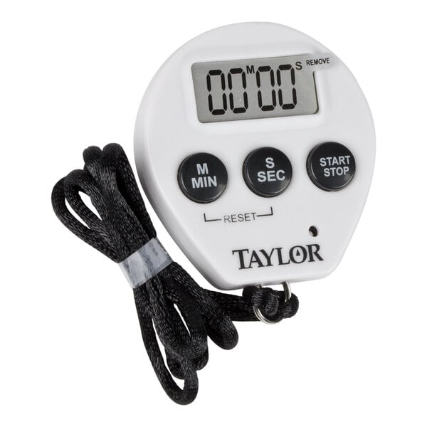 A digital kitchen timer and stopwatch with a lanyard and three control buttons.
