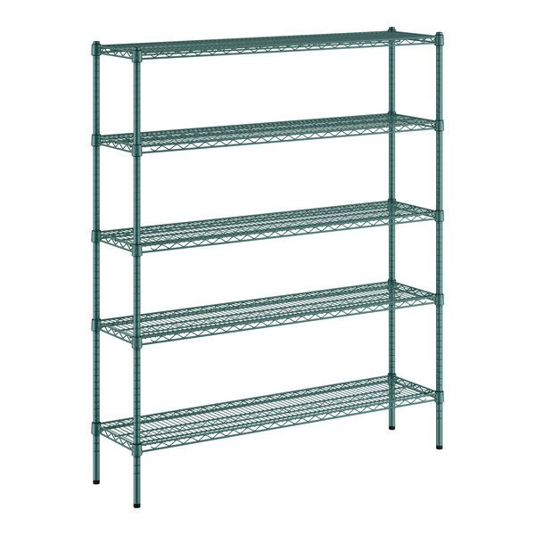 A green wire shelving unit with five shelves.