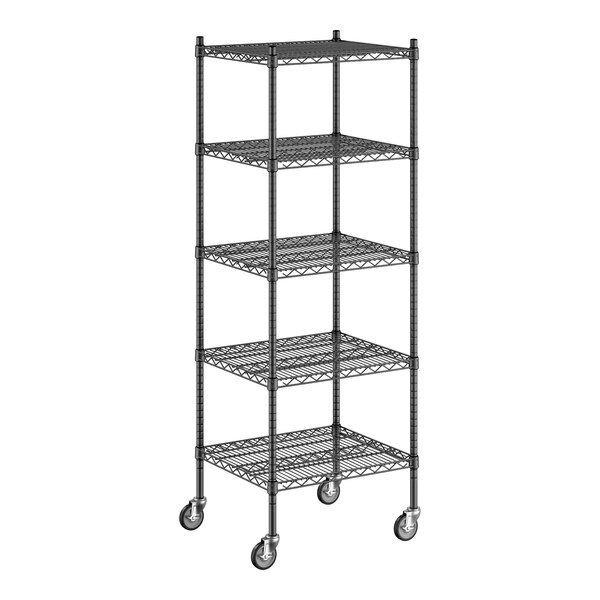 A Regency black wire shelving unit with wheels.