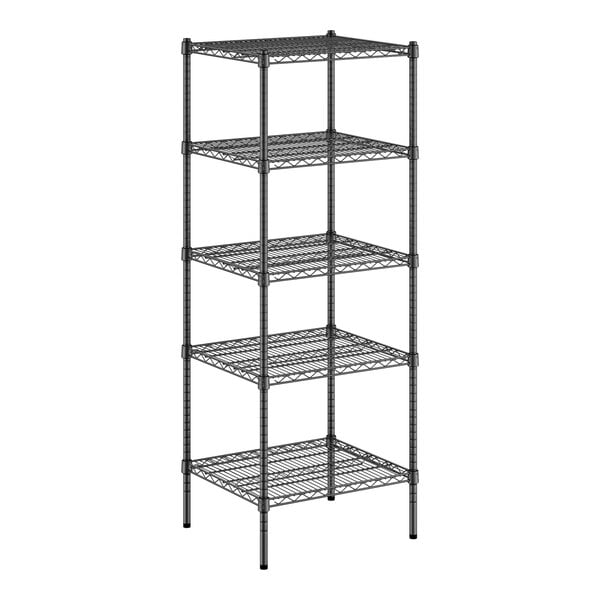 A black metal Regency wire shelving unit with five shelves.