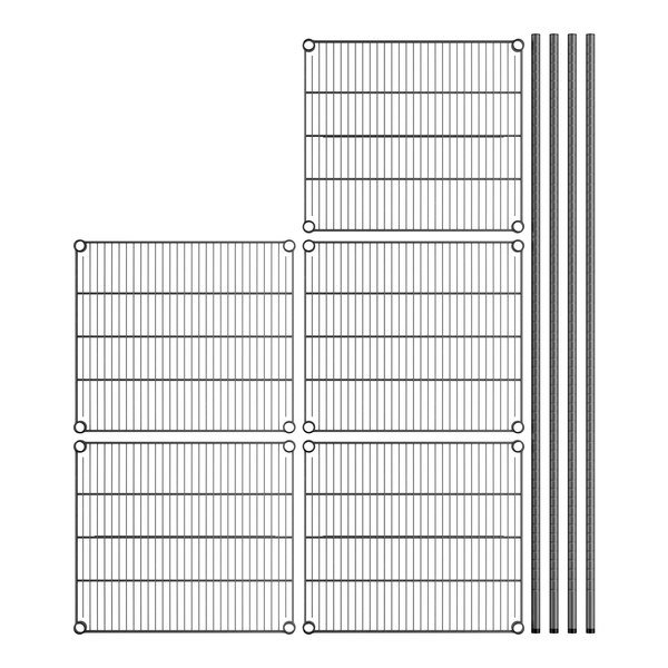 A grid of metal bars with black wire shelves.