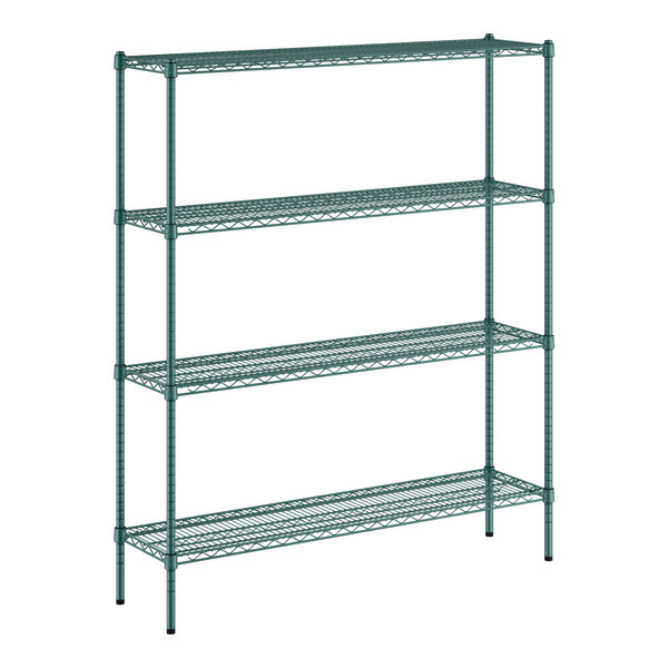 A green metal Regency wire shelving unit with four shelves.