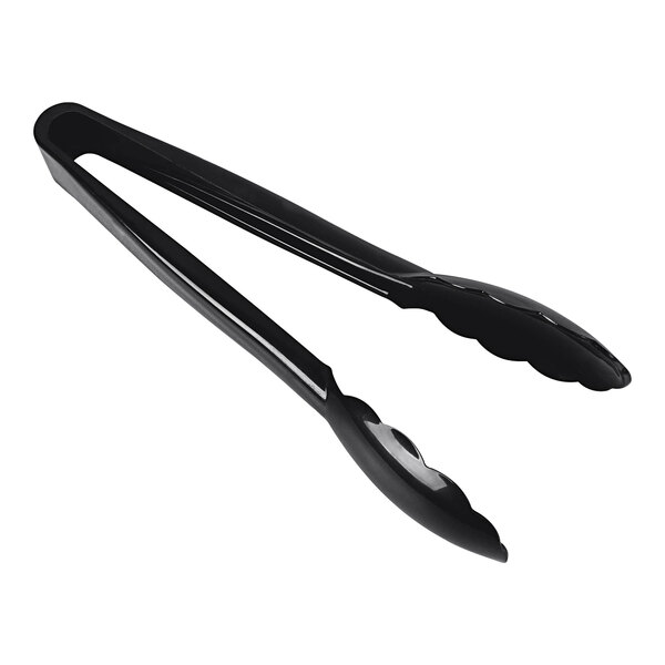 A pair of black Elite Global Solutions utility tongs with curved handles.