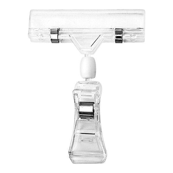 A clear plastic clip with a metal clasp on a white background.