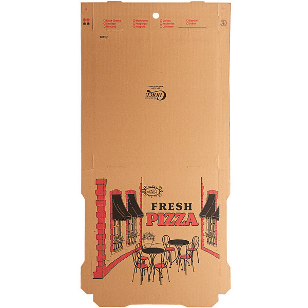 A Kraft cardboard pizza box with a logo on it.