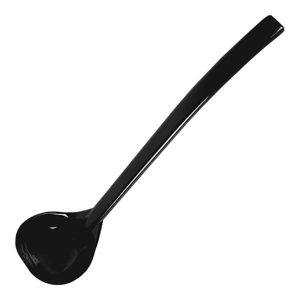 A black polycarbonate ladle with a long handle.