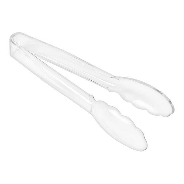 A pair of clear tongs with handles.