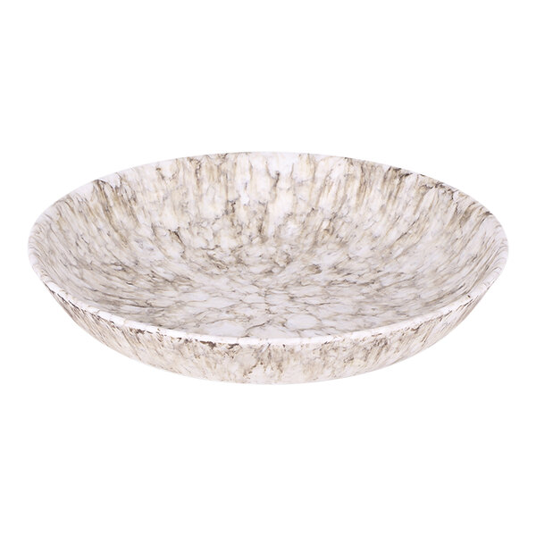 A white melamine bowl with a brown marble pattern.