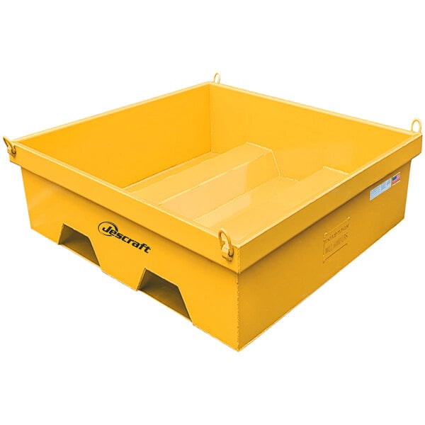 A yellow metal Jescraft washout pan with handles.
