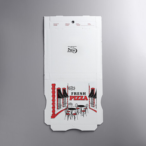 A white pizza box with red and black graphics.