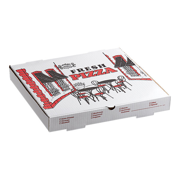 A white corrugated pizza box with red and black graphics and the words 'Fresh Pizza' printed on the lid.