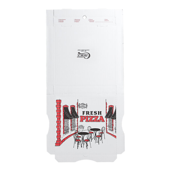 A flat, unfolded white corrugated pizza box with a printed design and the words 'Fresh Pizza' on the front.