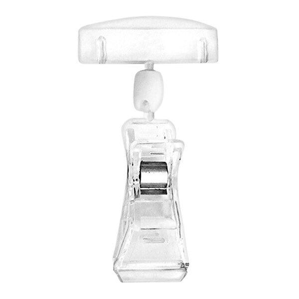 A white plastic clip with a clear plastic holder and a metal handle.