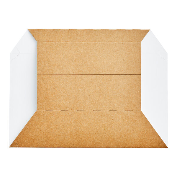A brown and white square cardboard box with a corner cut out, containing white paper sleeves.