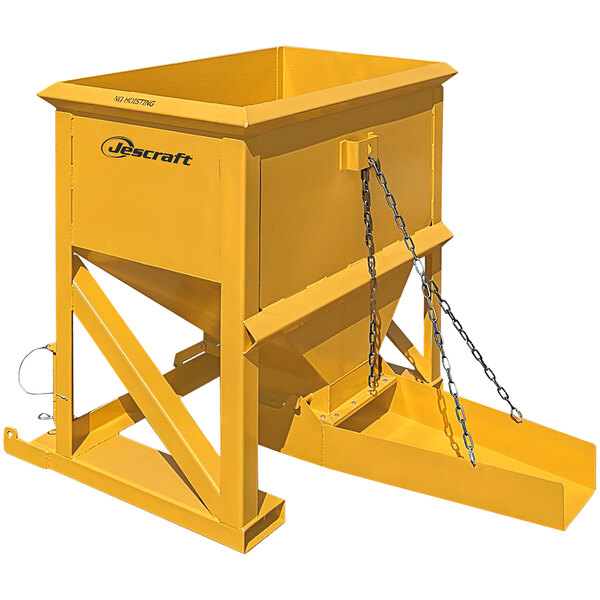 A yellow Jescraft forklift concrete beam bucket with chains.