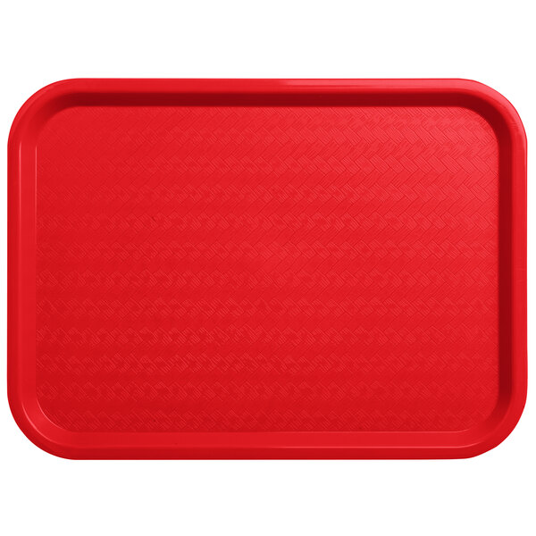 A red Carlisle plastic fast food tray on a counter.