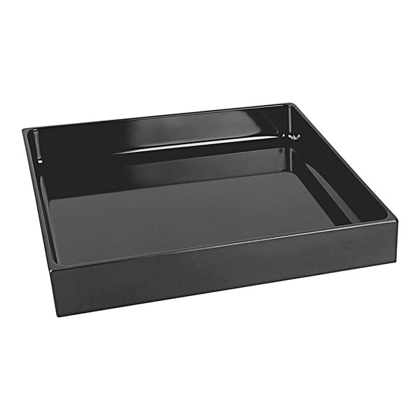 A black rectangular melamine food pan with a handle.