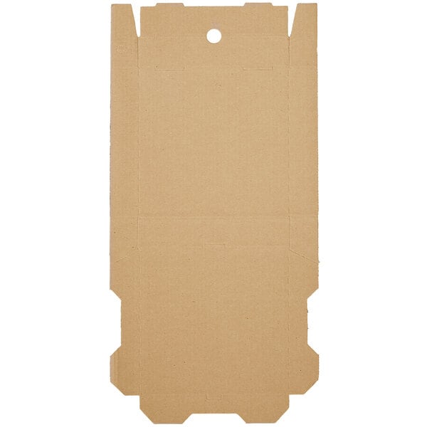 A brown kraft cardboard pizza box with a hole in the top.