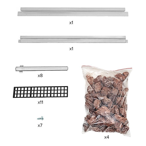 A bag of brown lava rocks and metal bars.