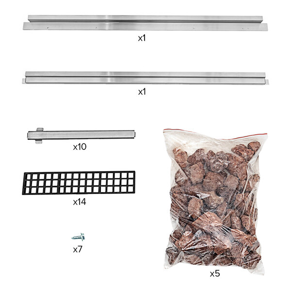 A Vollrath lava rock kit including metal bars and brown rocks in a bag.