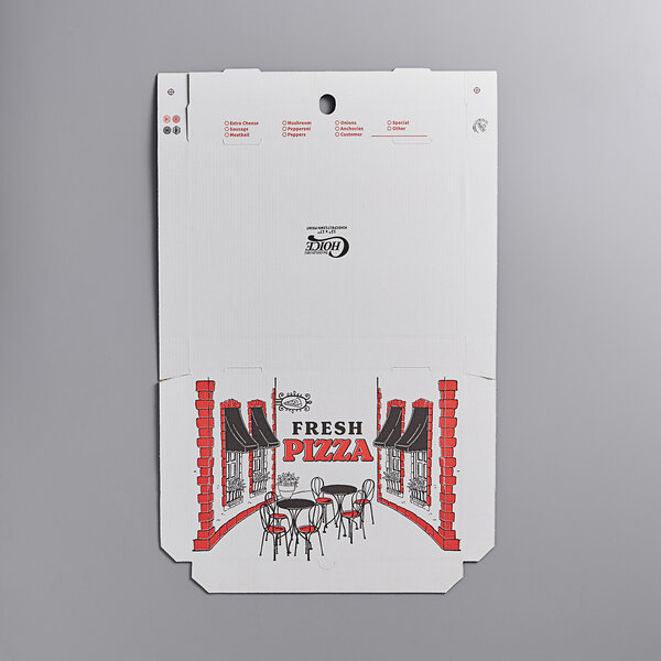 A white Choice pizza box with red and black graphics.