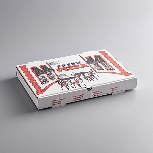 A white Choice pizza box with red and black graphics on it.