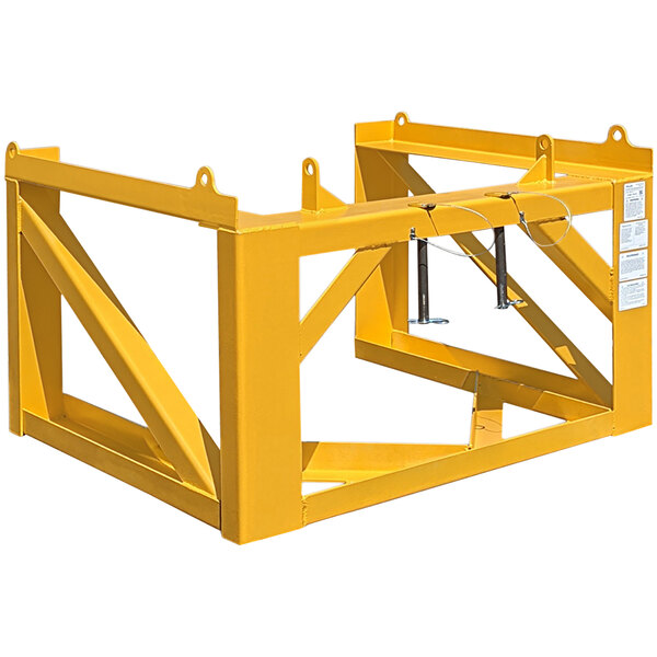 A yellow metal frame with metal bars on a Jescraft Concrete Beam Bucket Riser.