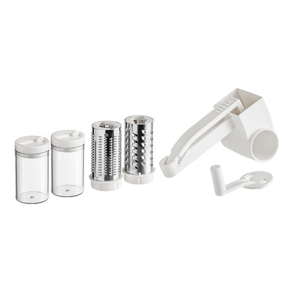 A white Choice rotary grater with fine and coarse drums attached to a white plastic container.