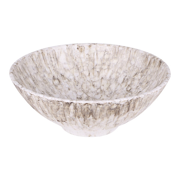 A brown melamine bowl with an embossed white marble pattern.