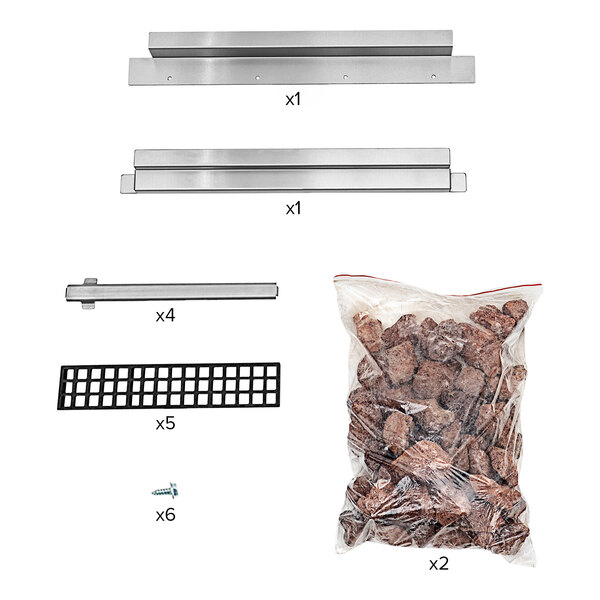 A bag of brown lava rocks and metal bars.