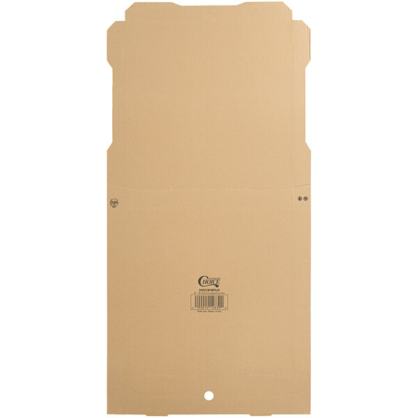 A Kraft corrugated cardboard pizza box with a label.