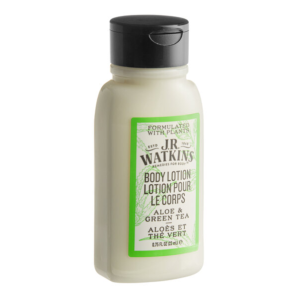 A case of 170 white bottles of JR Watkins Aloe and Green Tea Body Lotion with a green label and black lid.