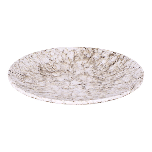 A close-up of an Elite Global Solutions brown marble embossed melamine plate with a white background.
