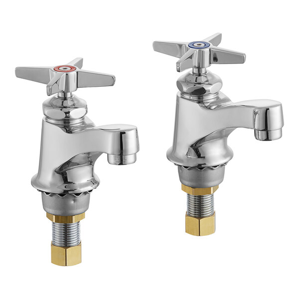 Two Chicago Faucets deck-mounted faucets with cross handles and spouts.